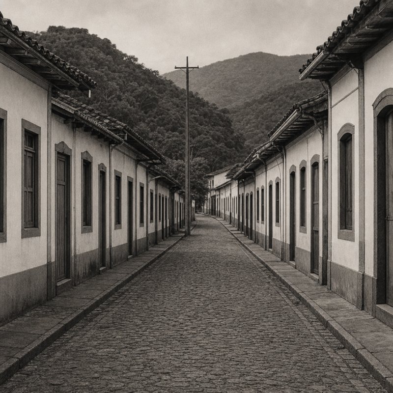 Rua de casario colonial com telhados de telha em cidade serrana