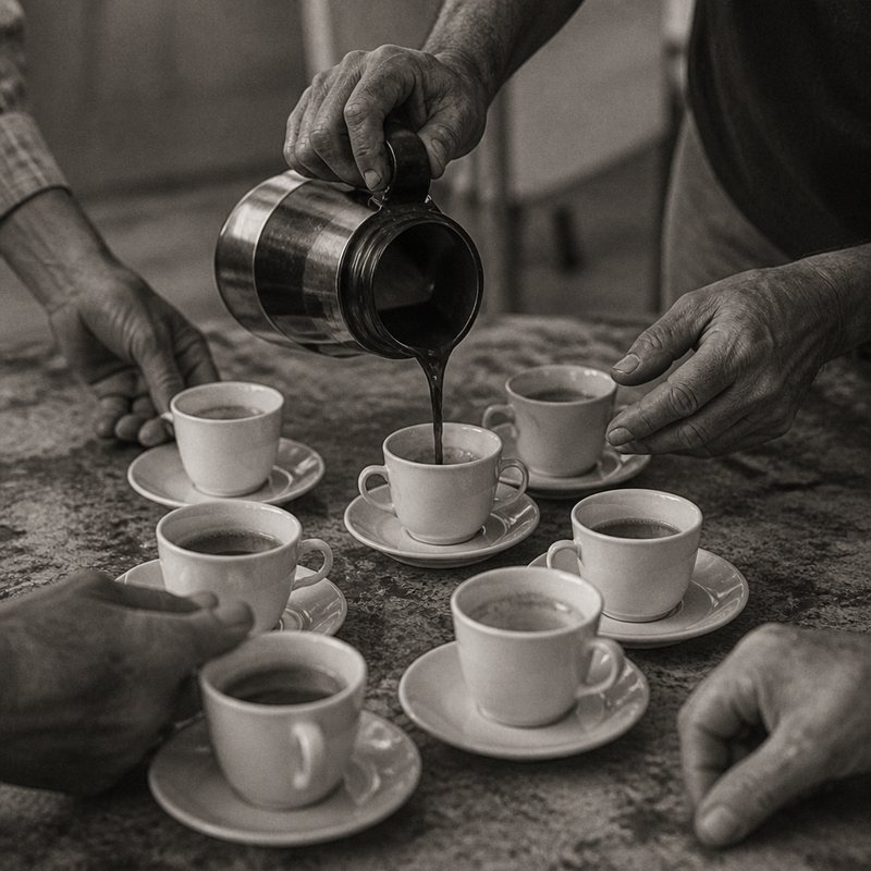 Café sendo servido em xícaras pequenas sobre uma mesa simples