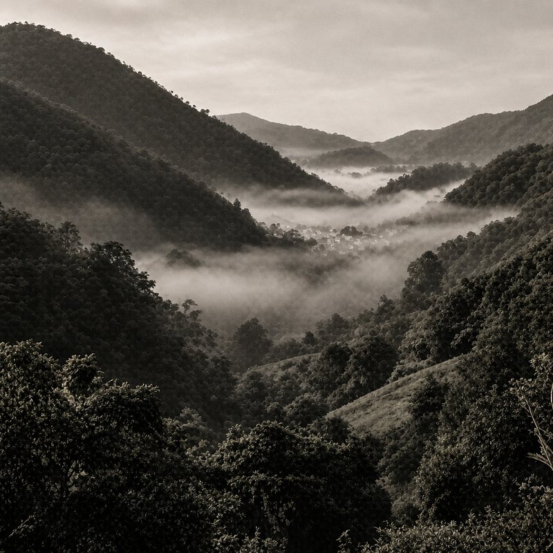 Vale de montanha verde com neblina da manhã e telhados ao fundo