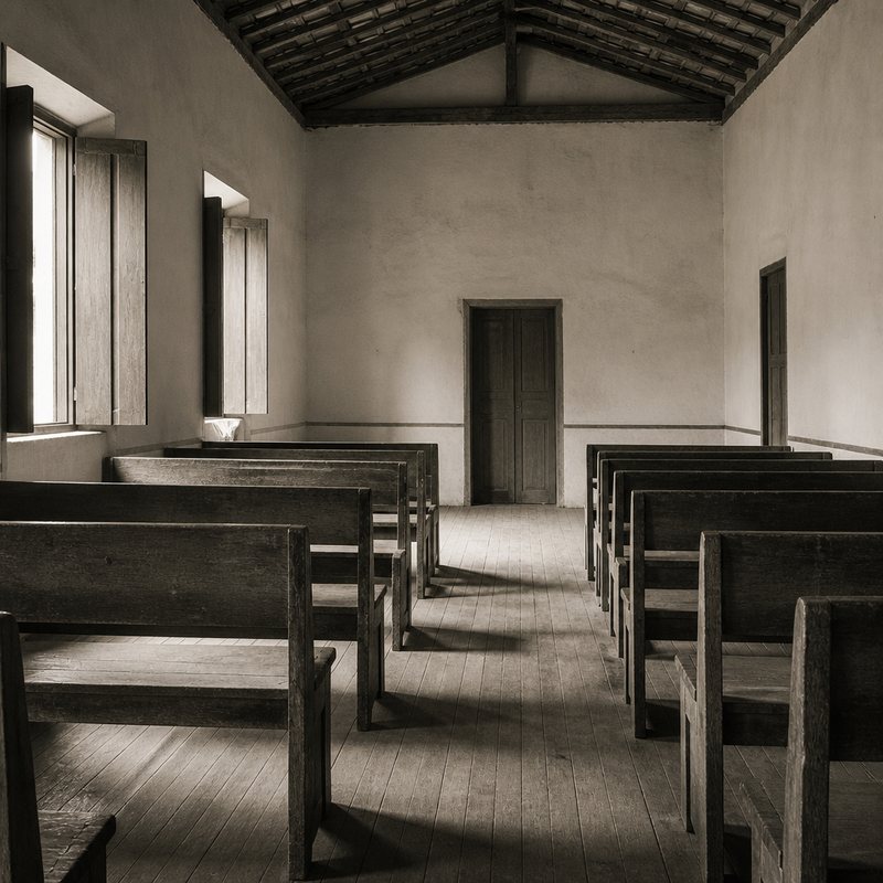 Interior vazio de templo simples com bancos de madeira e janelas altas