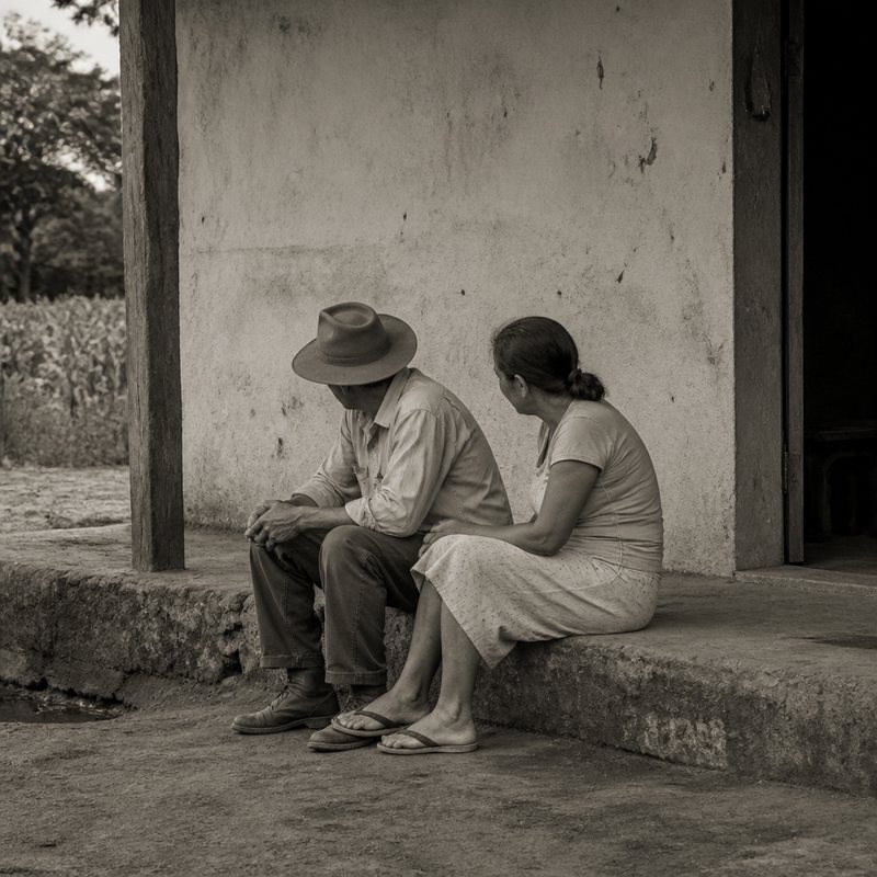 Duas pessoas conversando sentadas no degrau de pedra de um prédio simples